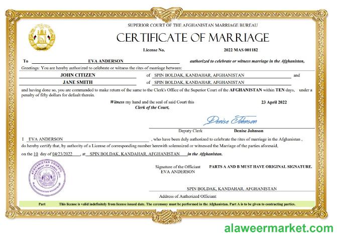 Afghanistan marriage certificate Word and PDF